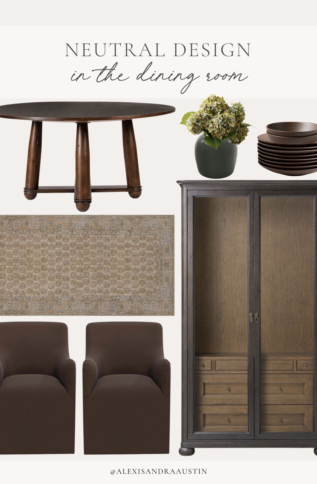 Moody, collected style in the dining room! From cozy accent chairs, timeless hutch details, and a great vintage style rug to compliment the space.

Home finds, neutral home inspo, furniture favorites, dining room details, dining table, moody dining hutch, vintage style area rug, faux florals, dinnerware set, accent chair, vase details, spring refresh, moody style, Four Hands, Wayfair, collected style, shop the look!

#LTKSeasonal #LTKHome
