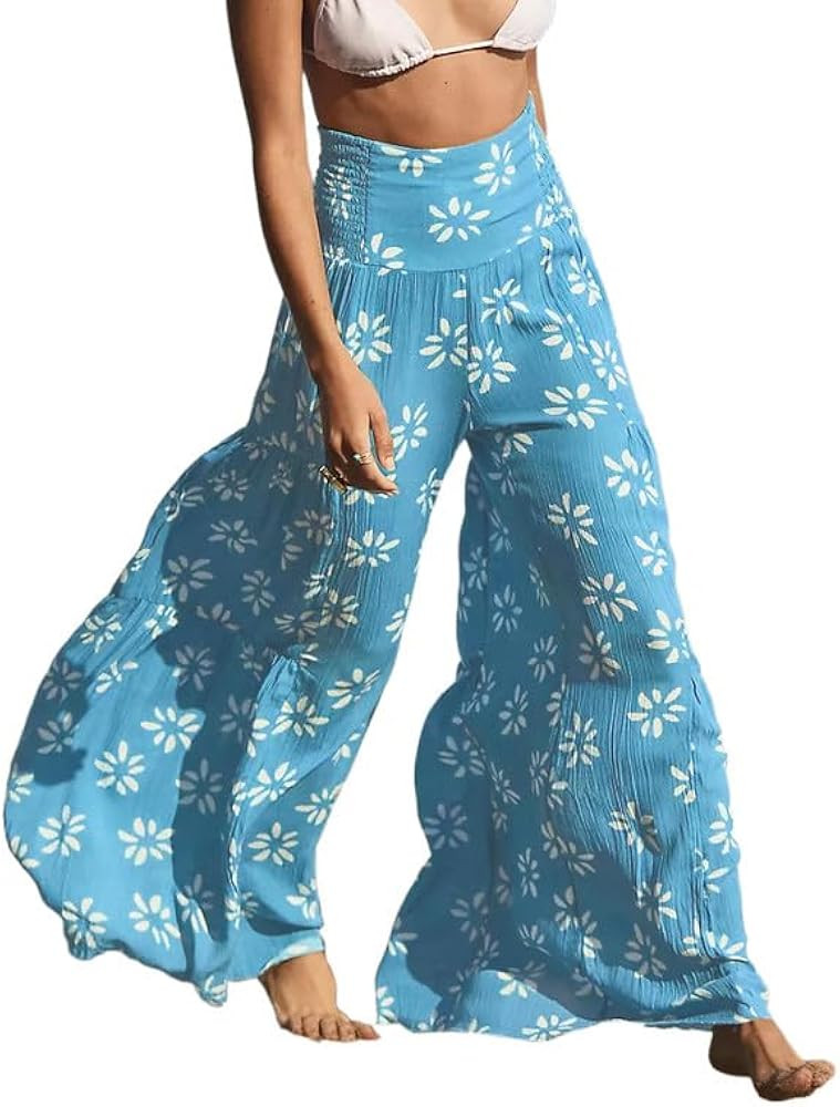 Lrady Women Wide Leg Palazzo Lounge Pants Printed Beach Summer Boho Tie-Waist Bell Bottoms Trouse... | Amazon (US)
