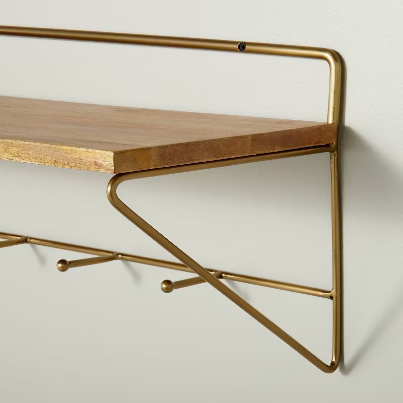 24" Wood & Brass Wall Shelf with Hooks - Hearth & Hand™ with Magnolia | Target