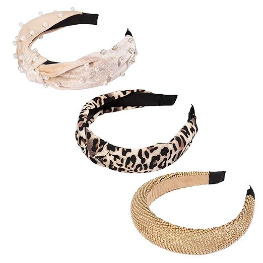 Bling Wide Headbands Cross Knot Turban Leopard Print Pearl Rhinestone Headband Head Wrap Elastic ... | Amazon (US)