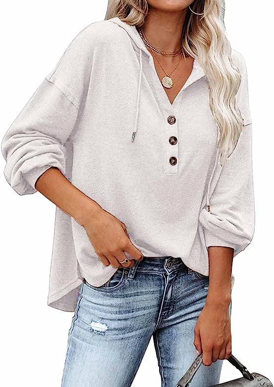 REVETRO Womens V Neck Long Sleeve Henley Shirts Button Down Sweatshirts Hoodies Tunic Tops with Draw | Amazon (US)