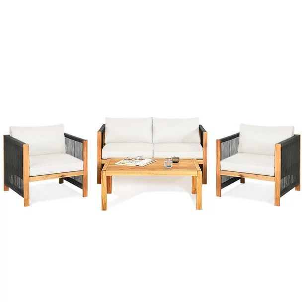 Gymax 4PCS Acacia Wood Outdoor Patio Furniture Conversation Set W/ White Cushions | Walmart (US)