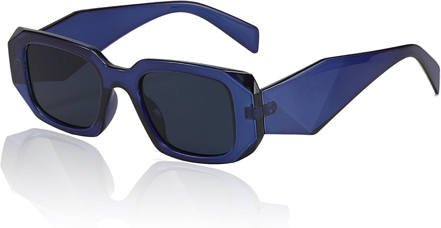 Rectangle Sunglasses for Women Men Retro 90s Rectangular Thick Frame Sun Glasses UV Protection Blue Black Shades | Amazon (US)