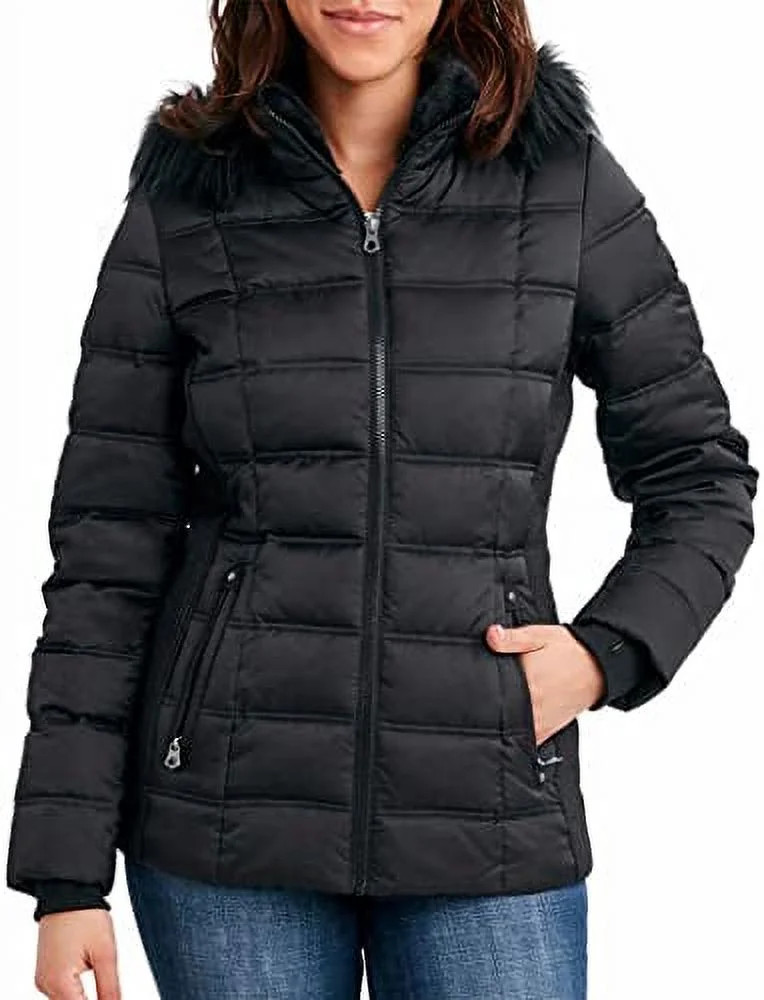 Nautica Womens Faux Fur Trim Hooded Midweight Puffer Jacket (Small, Black) | Walmart (US)