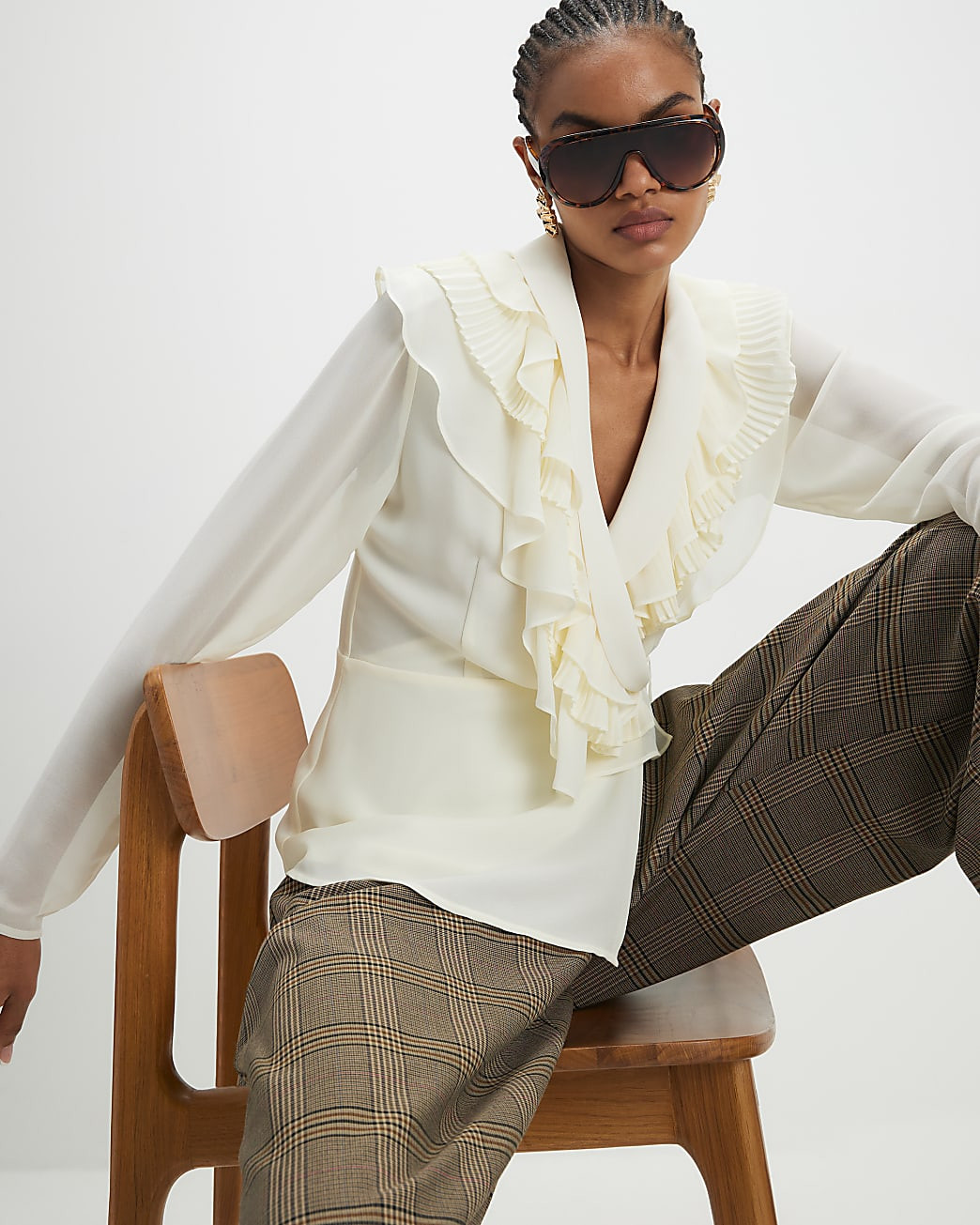 Cream Long Sleeve Wrap Ruffle Blouse | River Island UK & IE