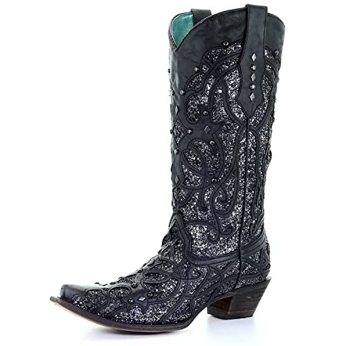 Corral Women's Full-Grain Leather with Glitter Inlay and Studs Cowgirl Snip Toe Western Boots, Black, 7.5 Medium Width | Amazon (US)