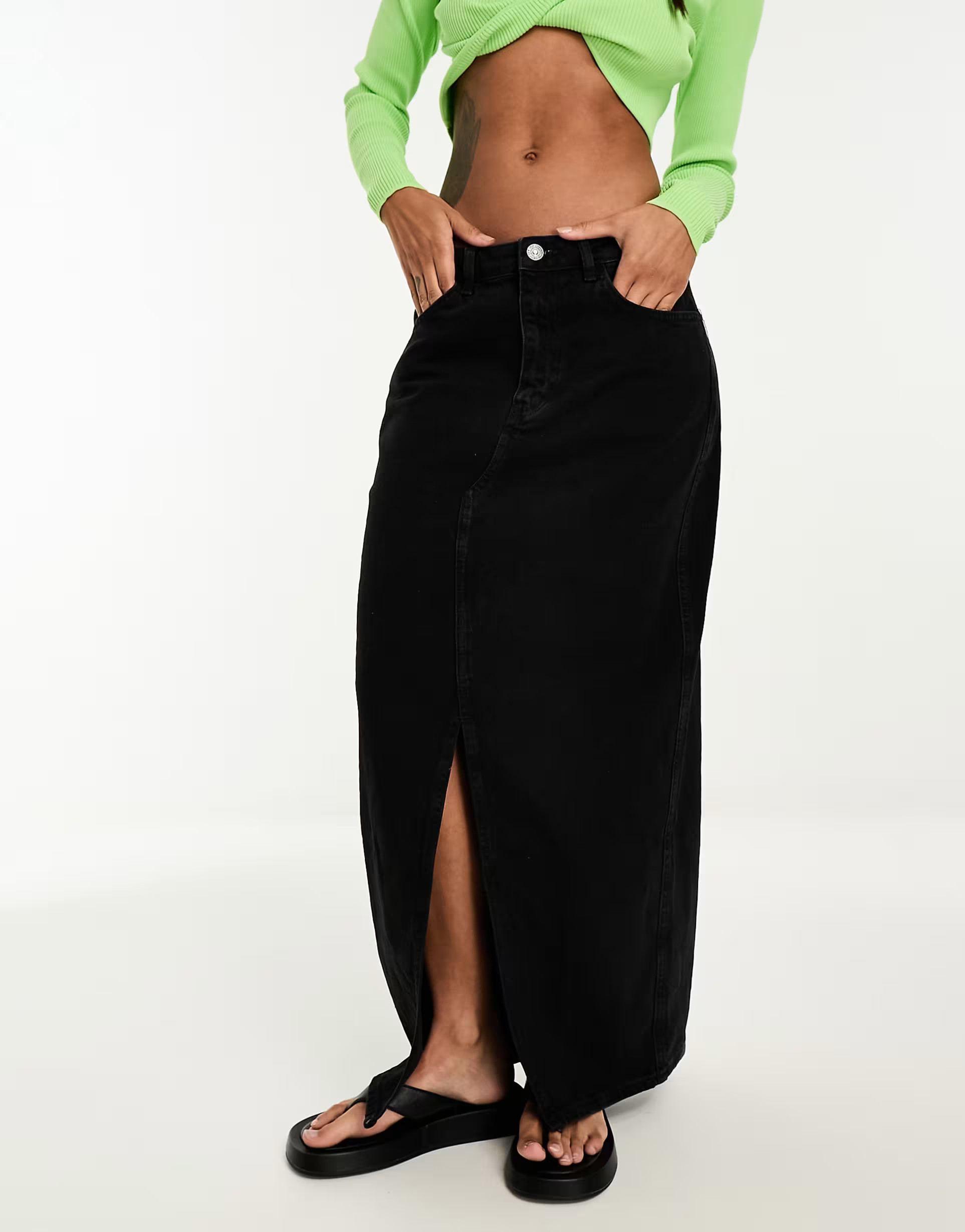 Mango front split denim maxi skirt in black | ASOS (Global)