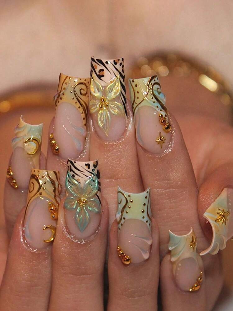 24pcs/Set Elegant 3D Floral, Wavy, Star, Moon & Pearl Designed Long Square Press-On Nails, Colorful Nail Art Accessories Suitable For Girls & Women For Daily, Outdoor, Party Occasions Nail Supplies | SHEIN