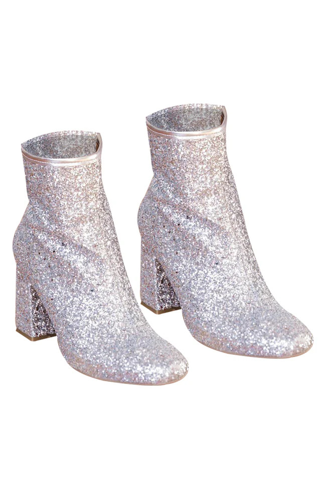 Allison Silver Glitter Chunky Heel Booties | Pink Lily