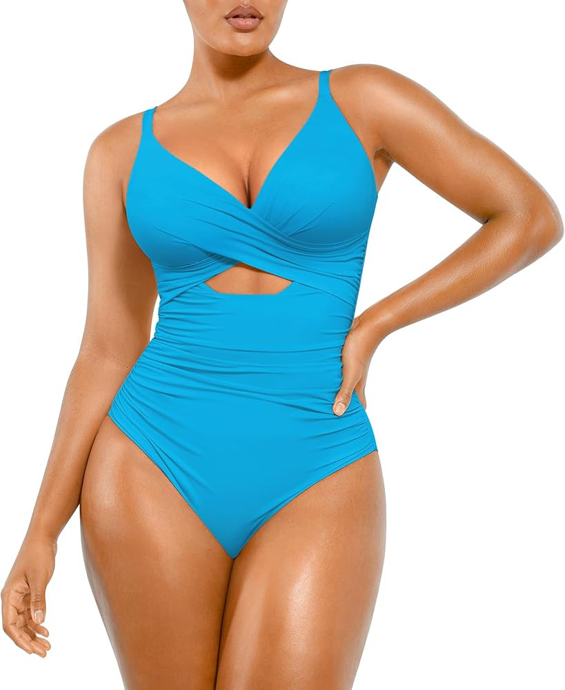 SHAPELLX Tummy Control Swimsuits Women V Neck One Piece Bathing Suit Ruched Push Up Slimming Swim... | Amazon (US)