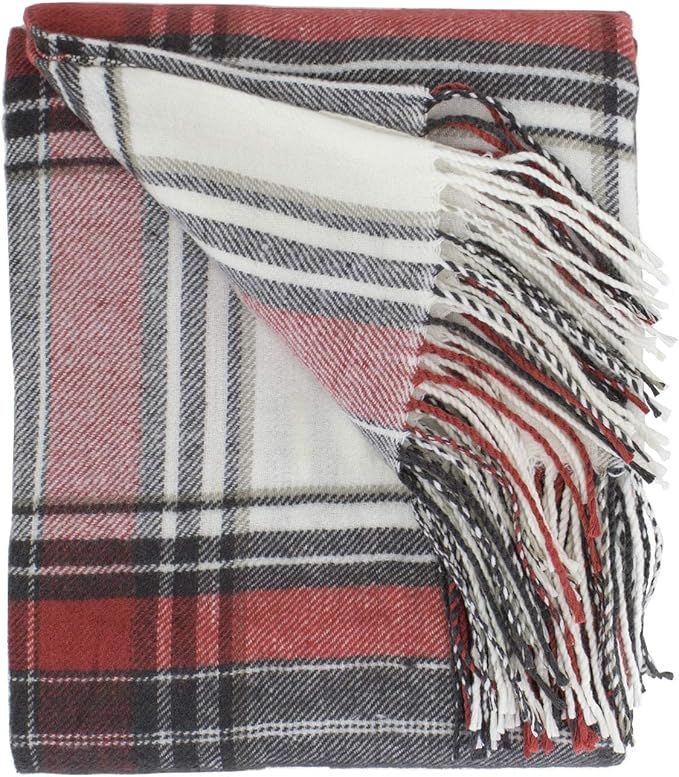 Fennco Styles Classic Plaid Pattern Tassel Trim Throw Blanket 50 x 60 Inch - Red White Throw for ... | Amazon (US)