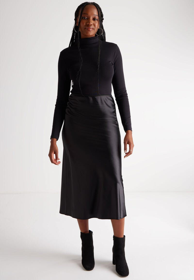 Womens Black Satin Midi Skirt | Peacocks
