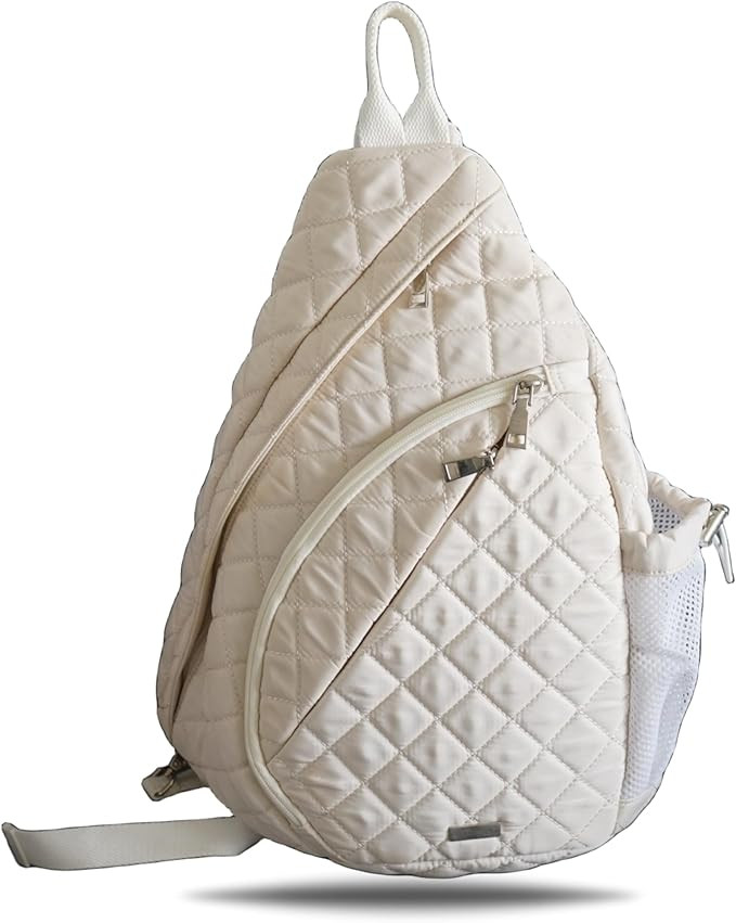 Large Quilted Sling Bag, Cream Color Crossbody Daypack, White Lightweight One Shoulder Travel Bac... | Amazon (US)