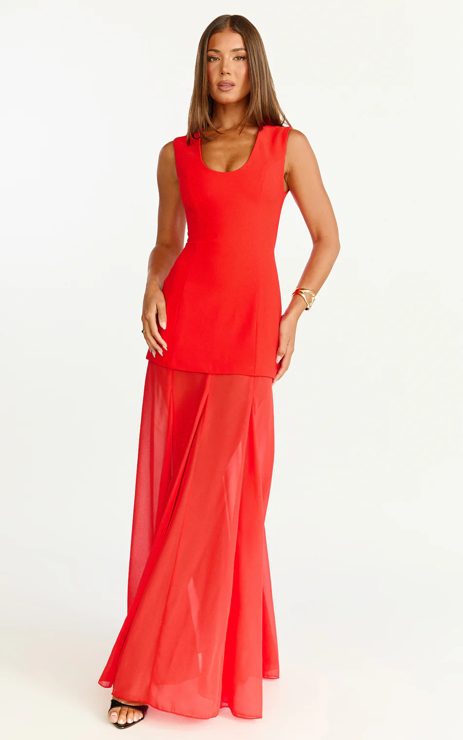 Contrast U Neck Godet A Line Dress in Red | Showpo (US, UK & Europe)