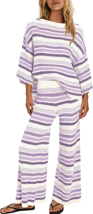 Yanekop Womens Striped Sweater Set 2 Piece Sweater Sets Matching Lounge Sets Color Block Sweaters... | Amazon (US)