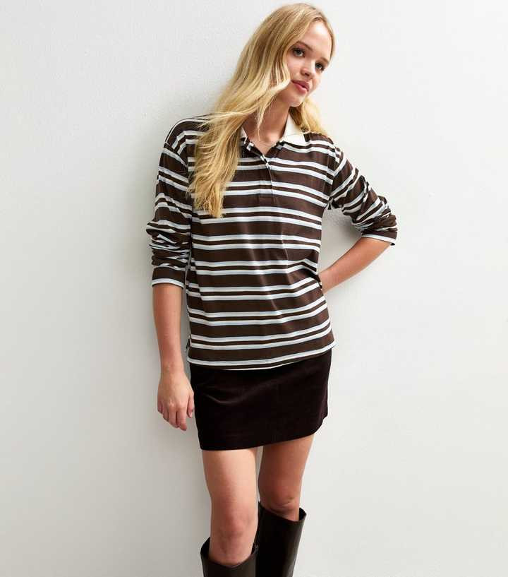 Brown Striped Long Sleeve Stripe Rugby Polo Top | New Look | New Look (UK)