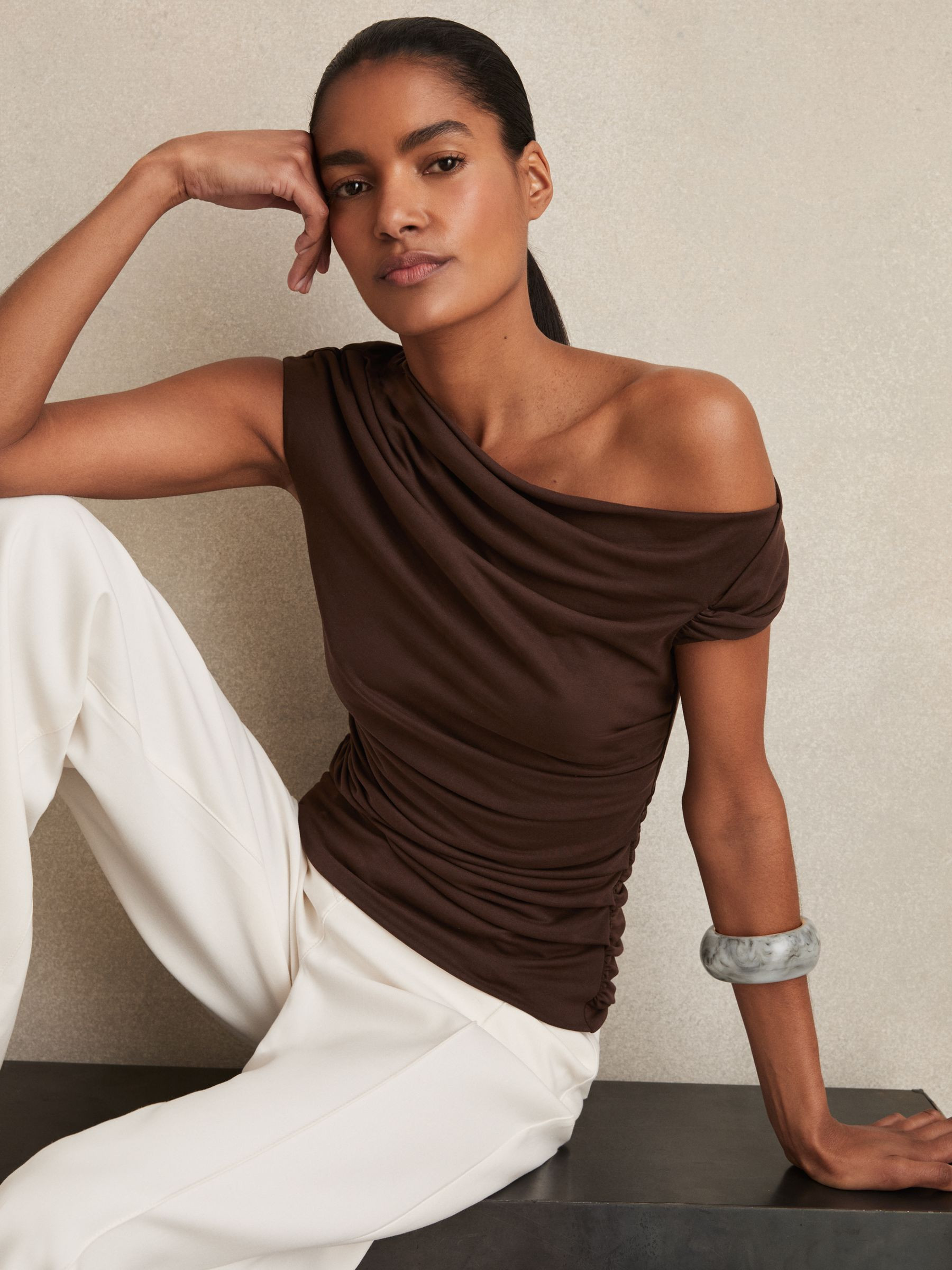 Modal-Blend Ruched Off-Shoulder Top in Chocolate Brown | Reiss UK