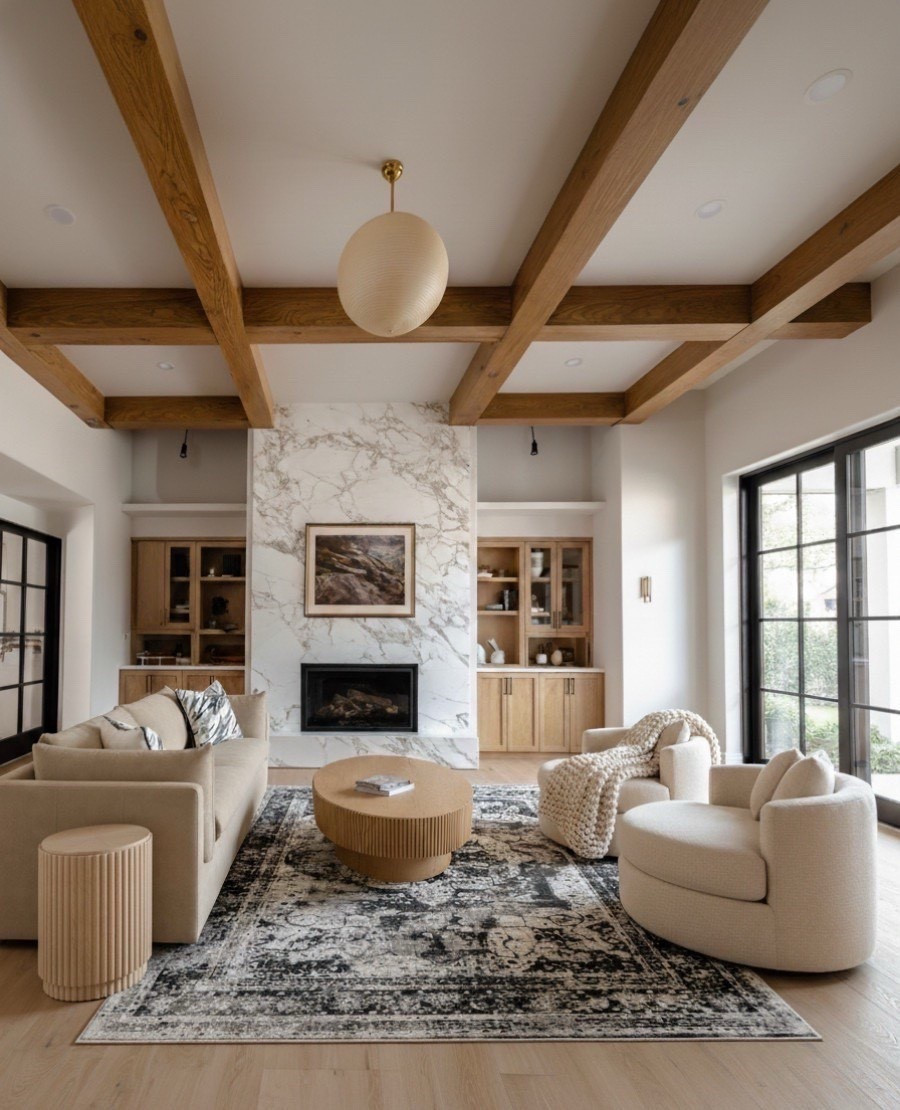 A balance of warmth and contrast. This living room is the perfect example of modern transitional design done right.

The marble fireplace surround creates a striking focal point, softened by oak ceiling beams and built ins that bring texture and natural warmth. Curved bouclé swivel chairs and a ribbed coffee table add sculptural balance against the black velvet sofa, while the vintage inspired area rug grounds the space in soft, layered neutrals.

When designing timeless living rooms, I always mix tone, texture, and form, smooth marble beside warm wood, plush fabric beside matte black. It’s this mix that gives a space its character and calm sophistication. 

#LTKSaleAlert #LTKHome