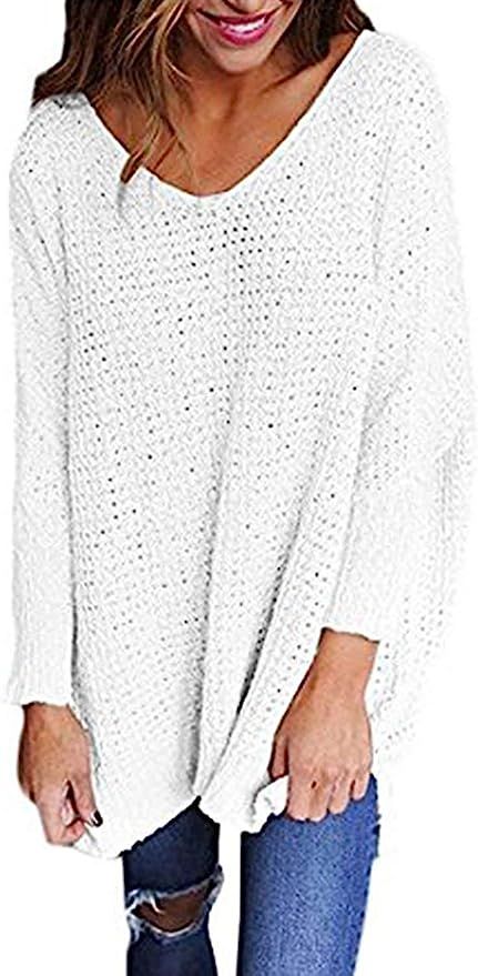 Beautife Womens Sweaters Casual Oversized V Neck Long Batwing Sleeve Knit Pullover Tops | Amazon (US)