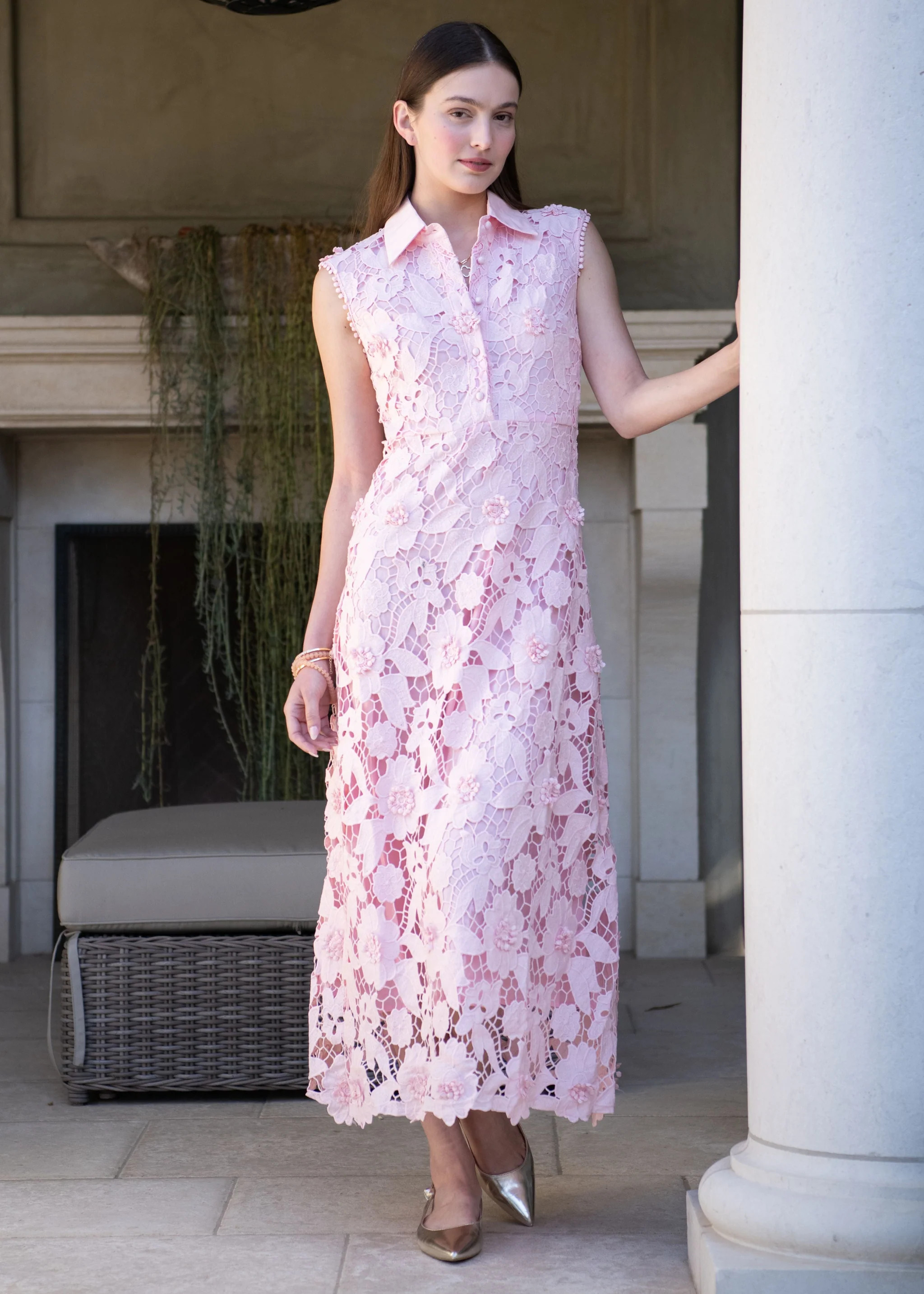 Delphia Collared Floral Lace Maxi Dress - Light Pink | Benaar La