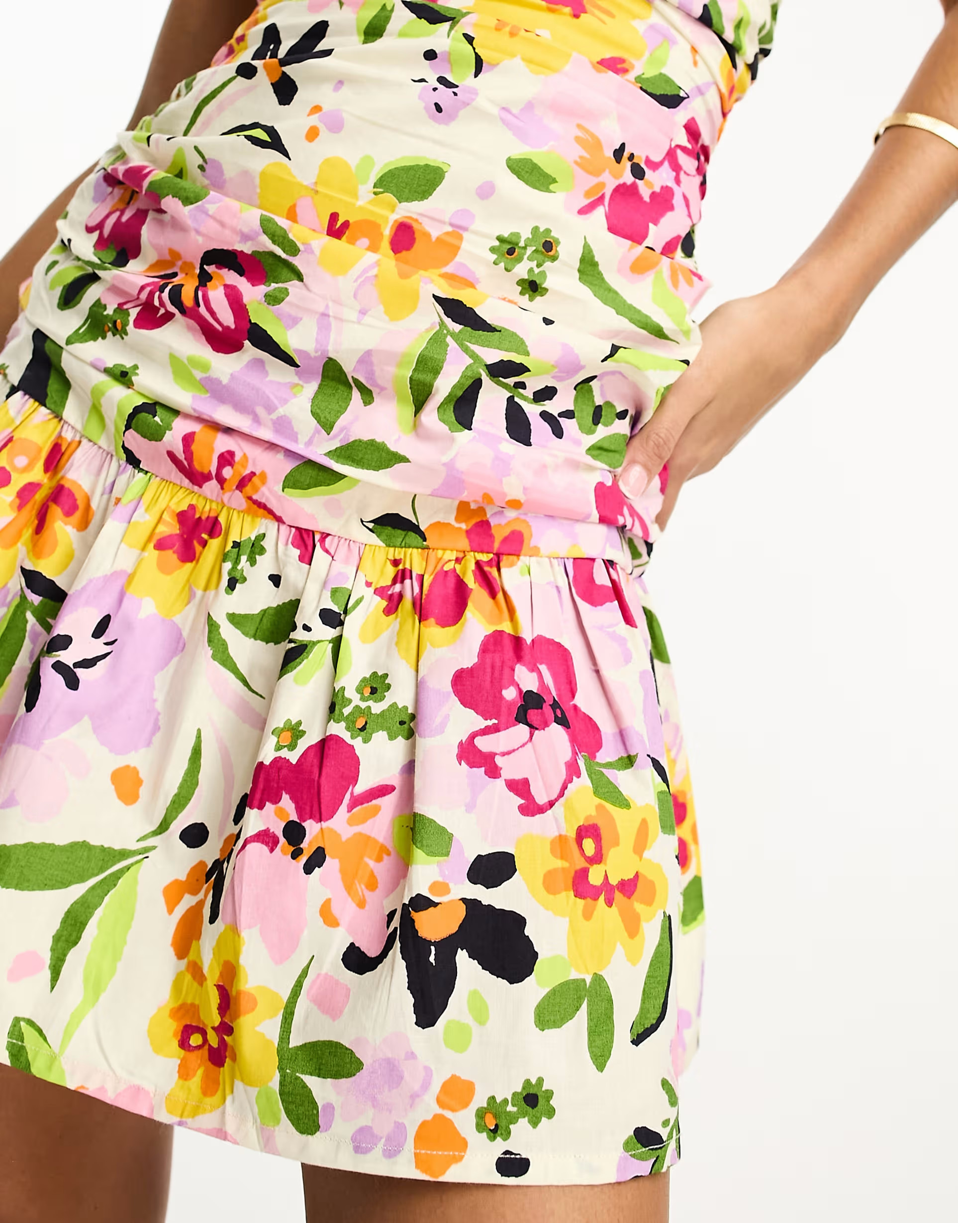 ASOS DESIGN bandeau ruched mini sundress with pephem in bright floral | ASOS (Global)