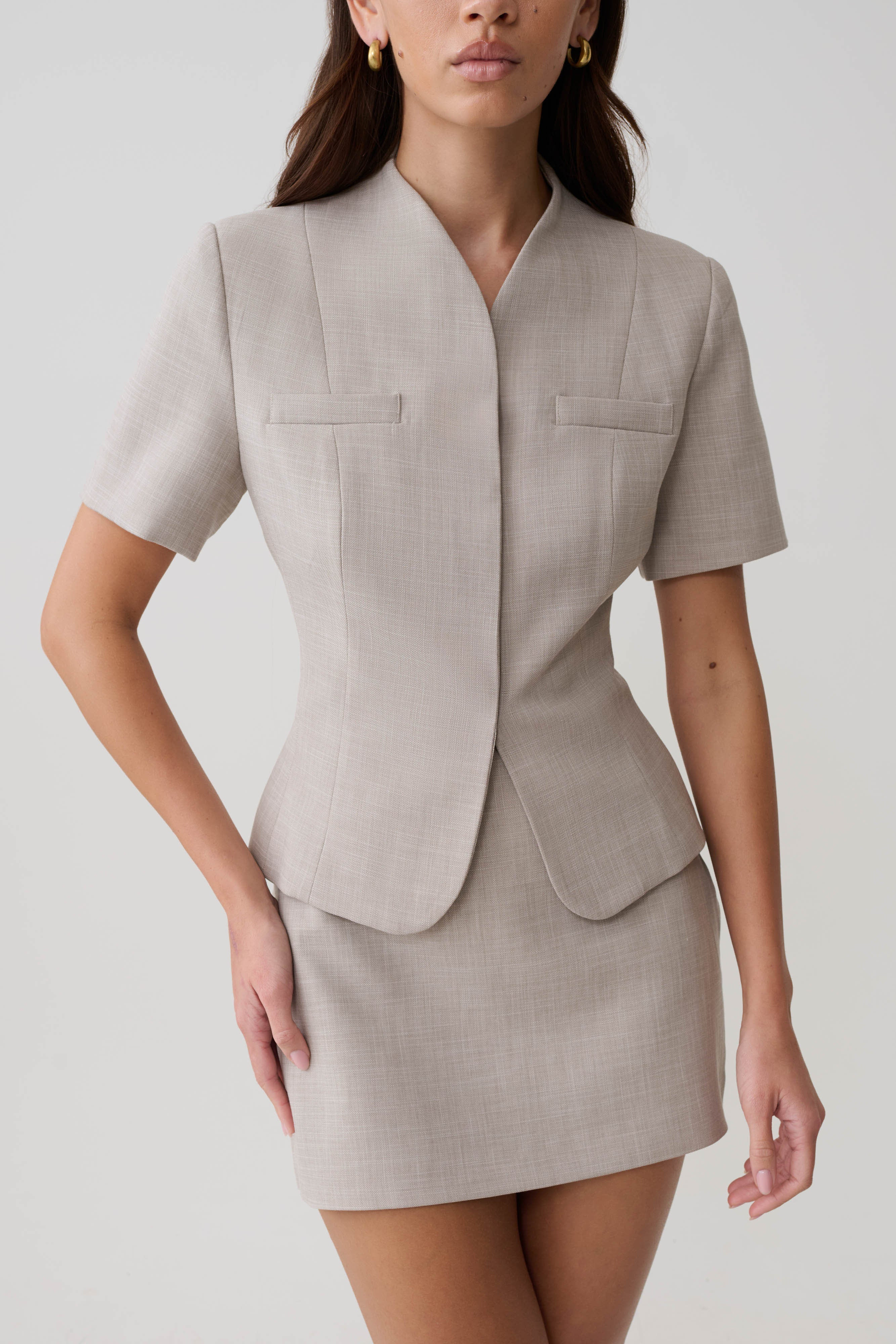 Laila Suiting Short Sleeve Top - Grey | Meshki UK