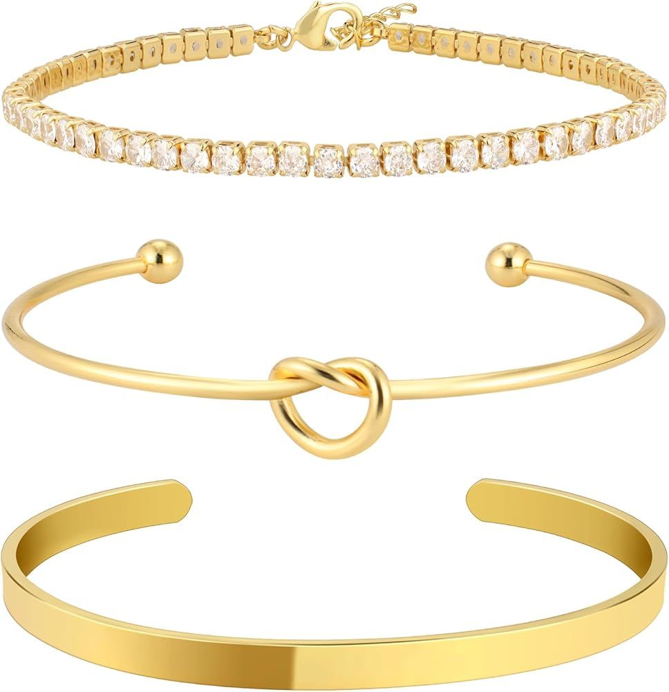 Gold Bangle Cuff Bracelets for Women 14k Gold Plated Cubic Zirconia Tennis Bracelet Non tarnish L... | Amazon (US)