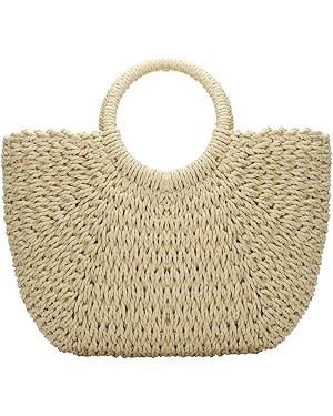 YYW Straw Bags for Women,Hand-woven Straw Large Bag Round Handle Ring Tote Retro Summer Beach Rat... | Amazon (US)