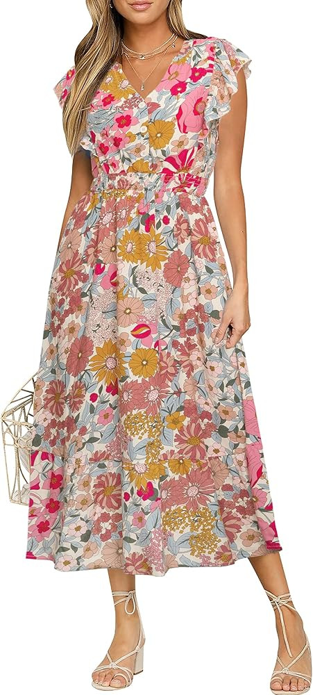 BerryGo Womens Summer Maxi Dress Casual Boho Floral V Neck Ruffle Short Sleeve Beach Long Dresses... | Amazon (US)