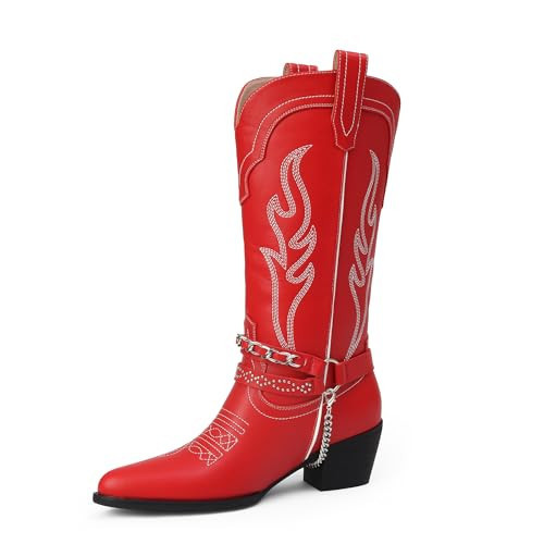 iiimmu Red Cowgirl Boots with Chain, Women's Faux Leather Cowboy Boots with Embroidered, Pointed Toe Block Heel Pull on Style, size 9.5 | Amazon (US)