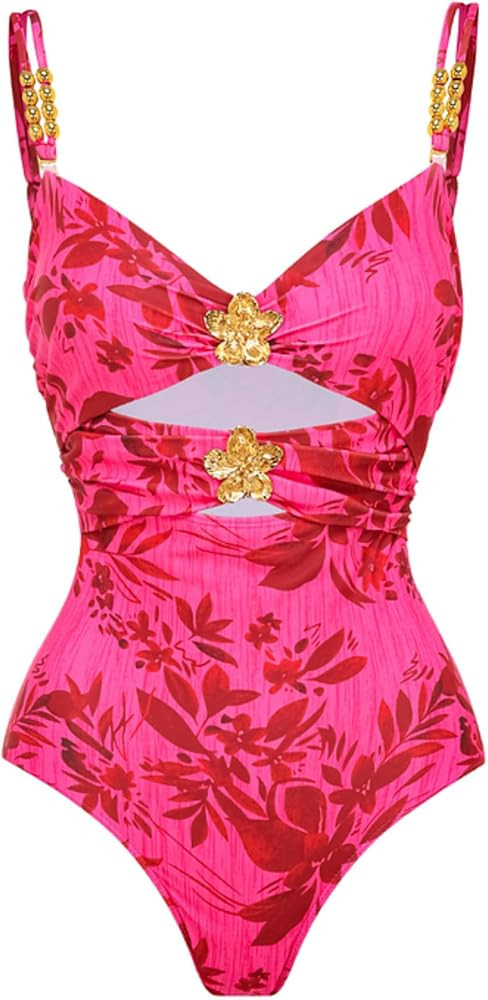 FLAXMAKER Women's One Piece Bathing Suit Deep V Neck Plants Print Retro Swimsuit | Amazon (US)