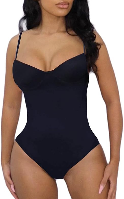 Hilinker Women's V Neck Spaghetti Strap Bodysuit Sexy Sleeveless Camisole Bustier Top | Amazon (US)