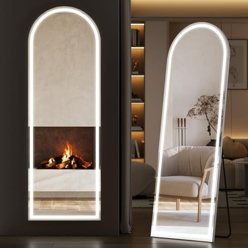 Sweetcrispy Arched Full Length Mirror with LED Lights, 63"x21" Lighted Full Body Floor Mirror with Dimming & 3 Color Lighting, Stand for Bedroom, Dressing Room, White | Amazon (US)