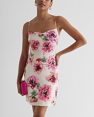 Satin Floral Cowl Neck Mini Slip Dress | Express