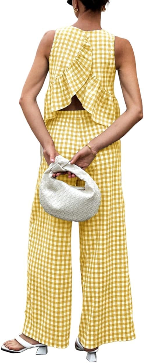 codcm Women's 2 Piece Gingham Set Summer Outfits Ruffle Tank Top and Wide Leg Pants Matching Loun... | Amazon (US)