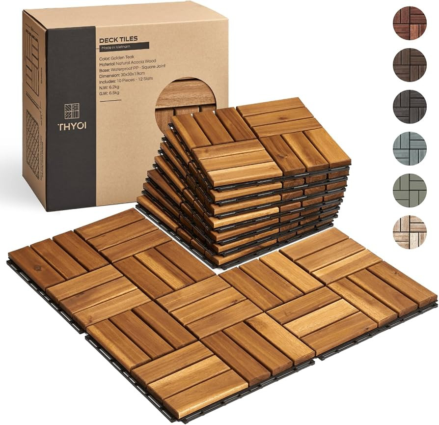 10 Pcs Interlocking Deck Tiles 12" x 12", Patio Flooring Outdoor Waterproof, Acacia Wood Tiles Al... | Amazon (US)