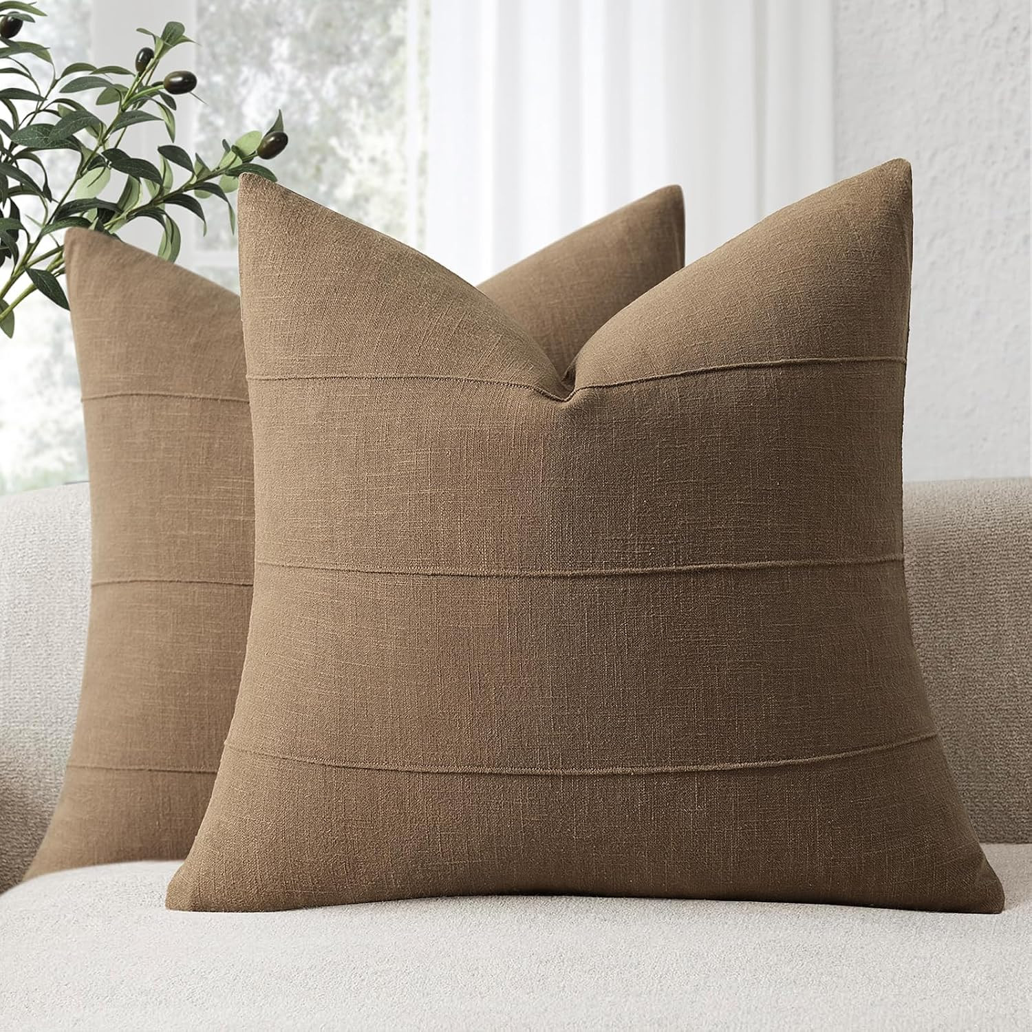 Decorative Linen Throw Pillow Covers 24x24 Set of 2 Solid Handcrafted Striped Cushion Covers for Bed Soft Modern Farmhouse Neutral Pillowcase for Couch Bedroom Living Room Home Decor(Coco Brown) | Amazon (US)