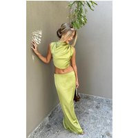 Chartreuse Satin Tie Side High Neck Cowl Crop Top, Chartreuse | PrettyLittleThing IE