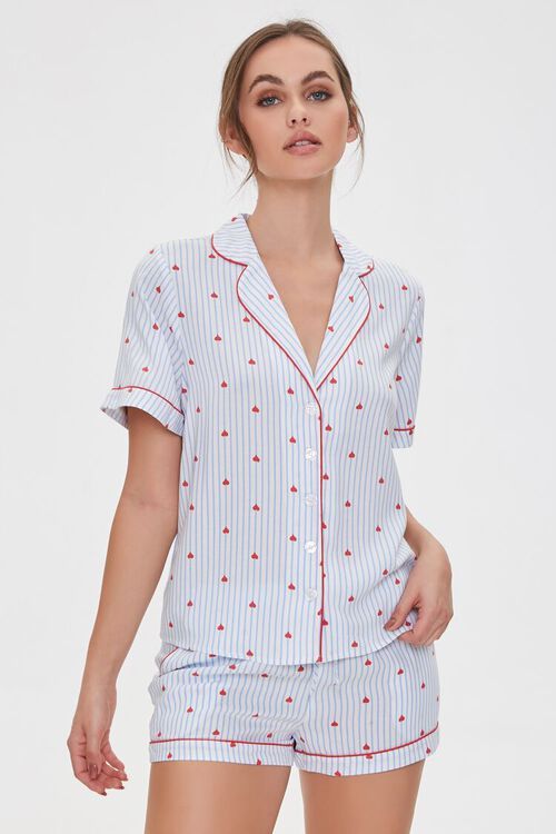 Pinstriped Heart Print Piped-Trim Sleep Set | Forever 21 (US)