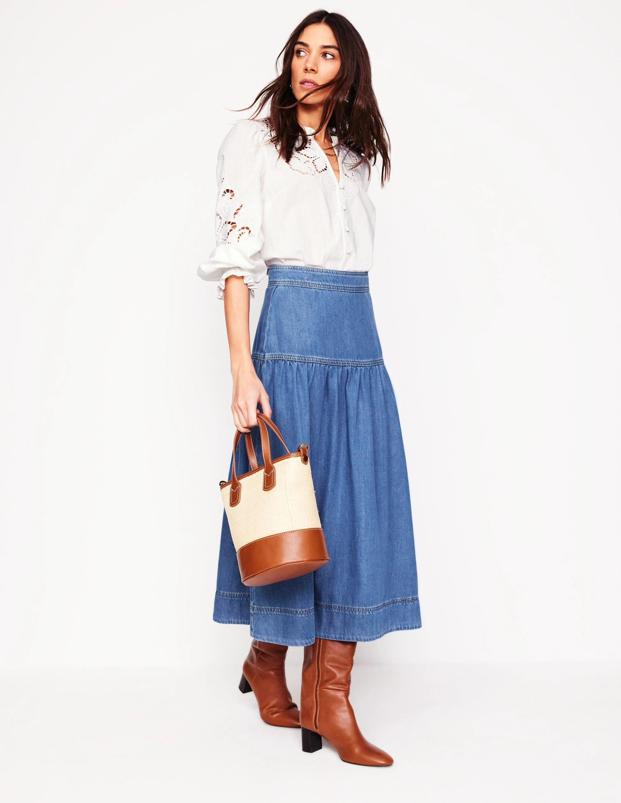 Yoke Detail Denim Midi Skirt-Mid Vintage | Boden UK