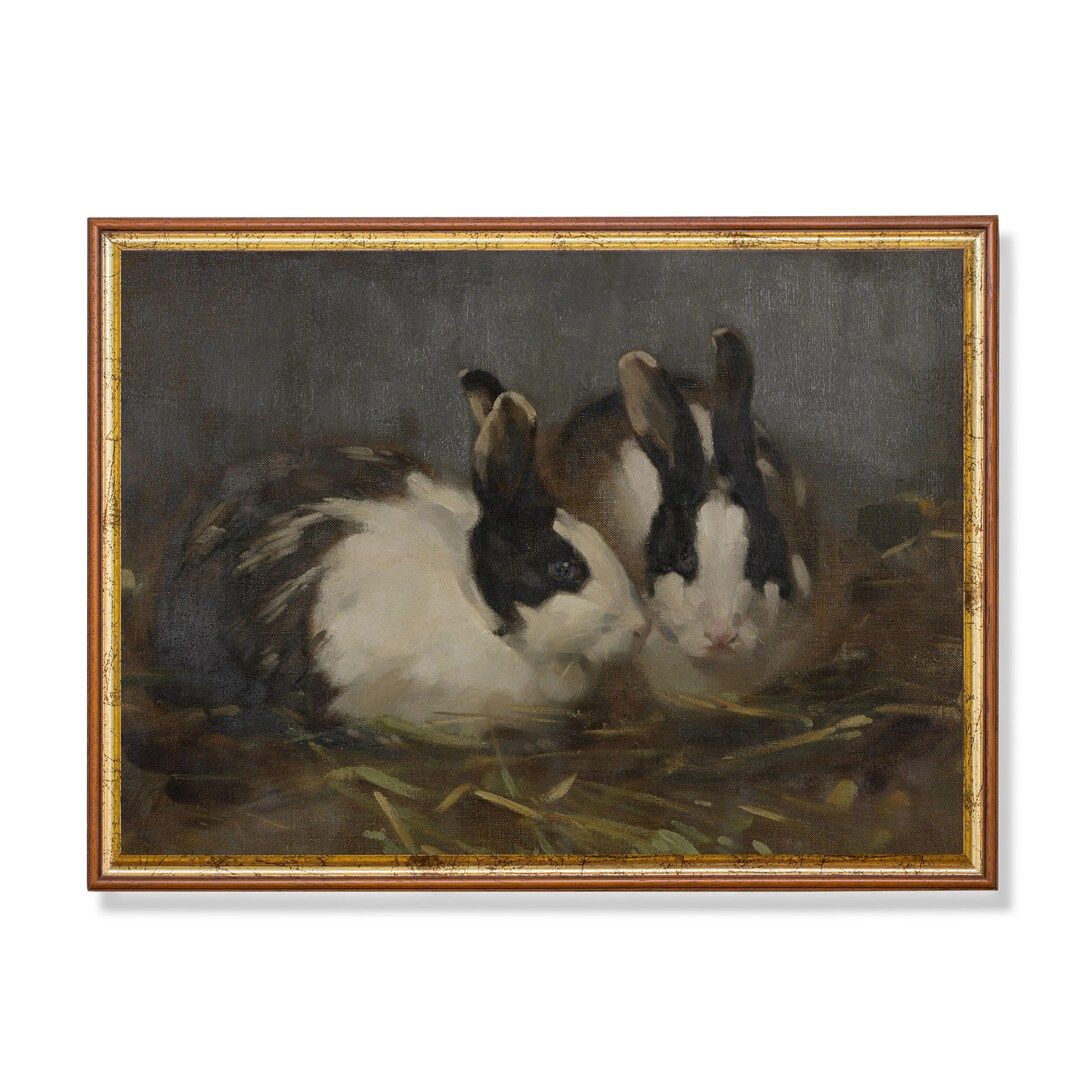 Mailed Print | Vintage Rabbit Painting | Antique Bunnies Print | Rustic Animal Oil Painting | Far... | Etsy (US)