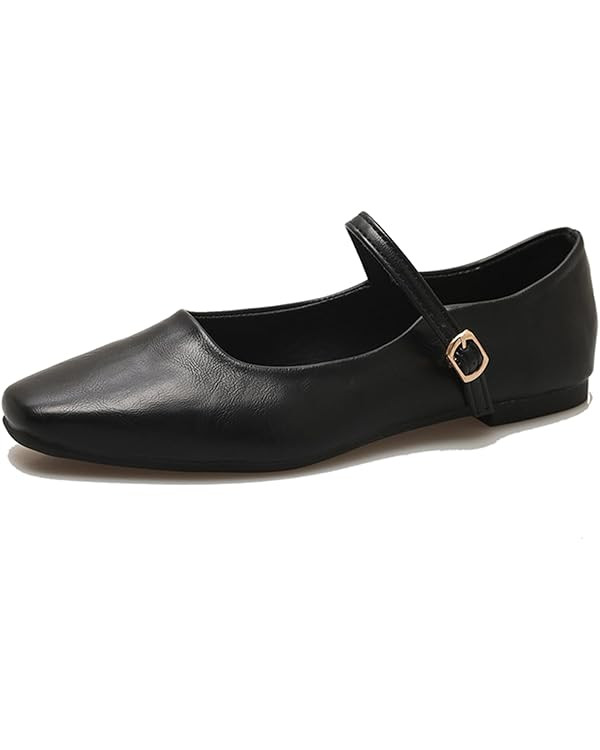 Women's Classic Leather Square Toe Flat Mary Jane Shoes Fashion Slip On Buckle Casual Ballet Shoe... | Amazon (US)