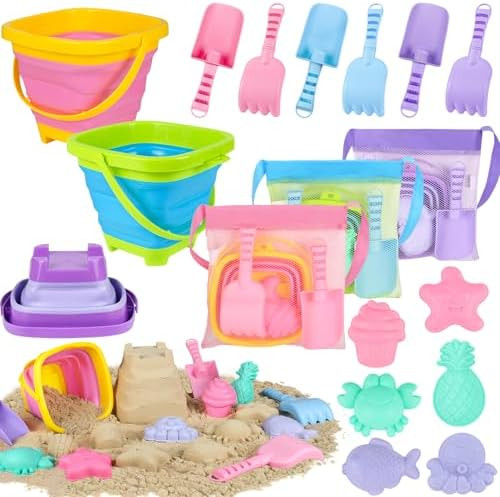 Collapsible Beach Toys for Kids, 3 Pack Foldable Sand Buckets and Shovels Set with Mesh Bag, Sili... | Amazon (US)