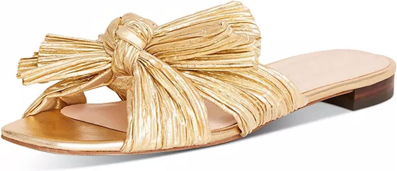 Mattiventon Flat Bow Sandals for Women Slip on Slide Square Toe Sandals Summer Dress Beach Sandal... | Amazon (US)