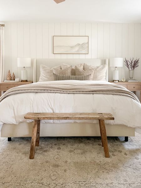 Coastal bedroom, pottery barn bedding, vintage wood bench, Loloi rug, throw pillows nightstand 

#LTKstyletip #LTKhome