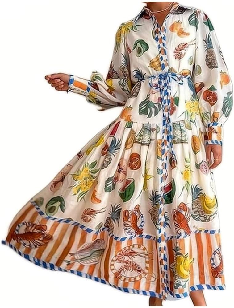 Puff Long Sleeve Maxi Dress Women Fall Graffiti Vintage Boho Dress Floral Dress for Women | Amazon (US)