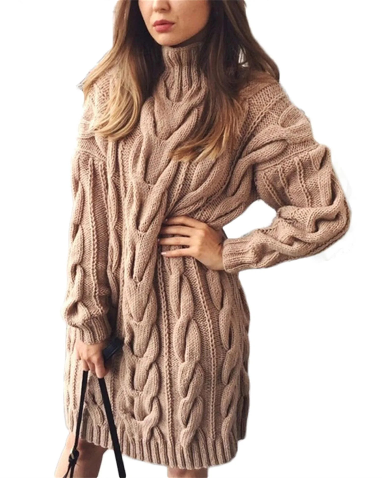 Plnotme Women's Turtleneck Cable Knit Long Pullover Solid Color Simple Casual Loose Chunky Basic ... | Walmart (US)