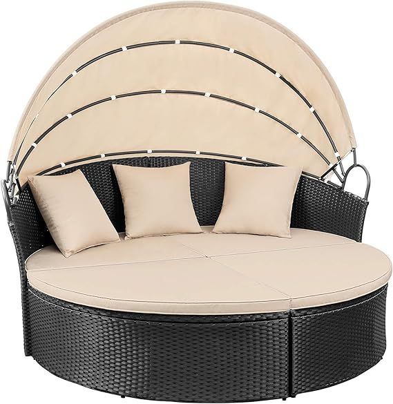 Devoko Patio Furniture Outdoor Round Daybed with Retractable Canopy Wicker Rattan Separated Seati... | Amazon (US)