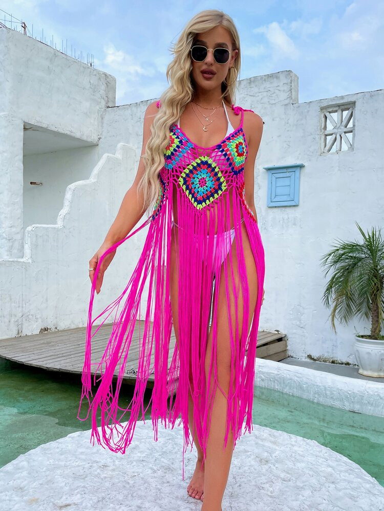Tie Shoulder Fringe Hem Cover Up Without Bikini | SHEIN