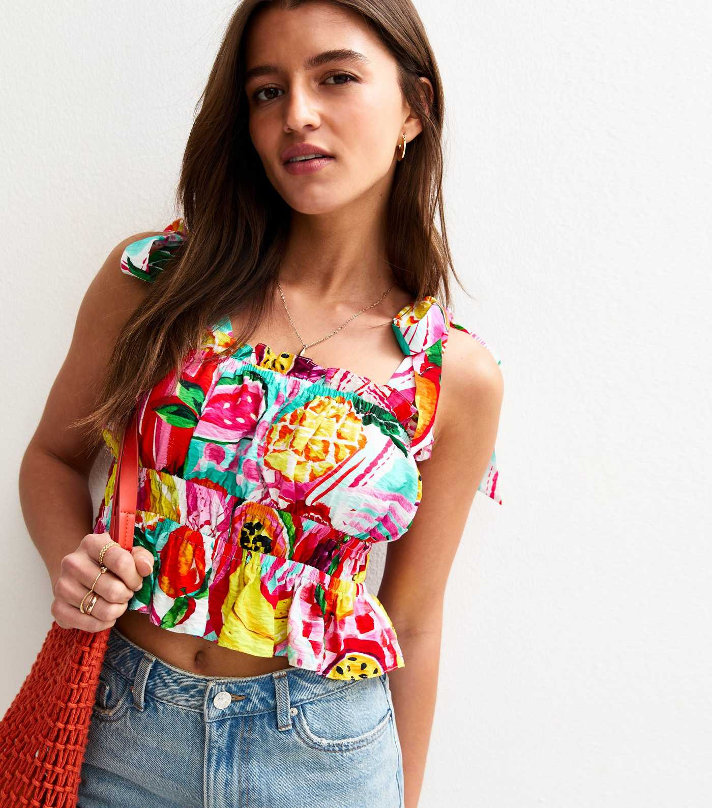 Pink Tropical Fruit Print Tie Strap Crop Shirred Top | New Look | New Look (UK)